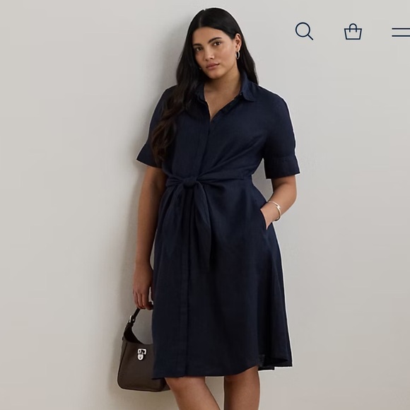 Lauren Ralph Lauren Womens tie front navy 100% linen shirt dress 18
